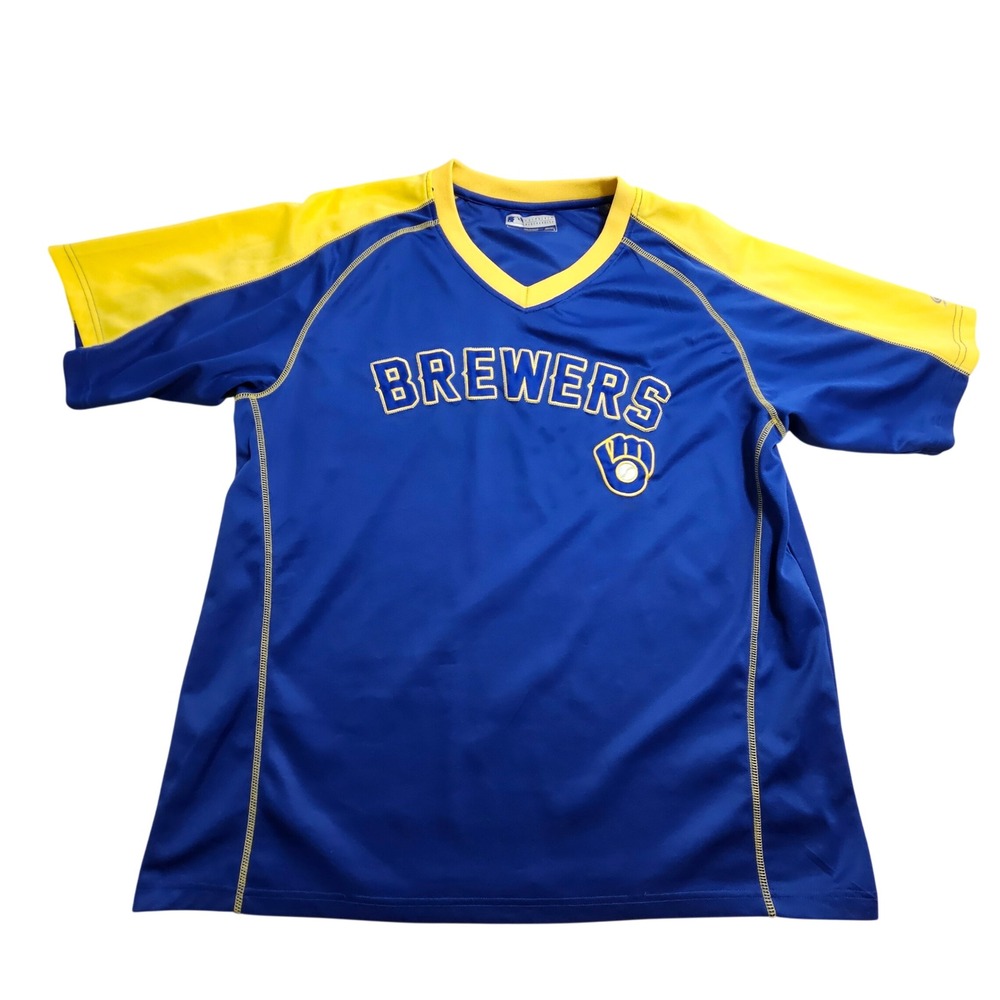 True Fan MLB Milwaukee Brewers Jersey Mens 2XL Blue Yellow V-Neck Mesh Shirt *